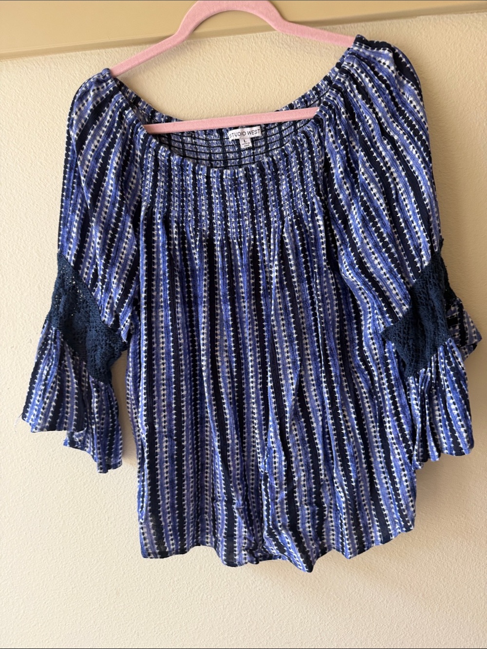 Studio West Blue & White Striped Peasant Tunic with Crochet Trim